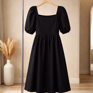 Bobeau Dark Blue Midi Dress with Puff Sleeves